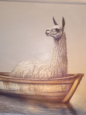This item is a canvas art print titled "Lucy the Llama" by artist Lori Hutchison